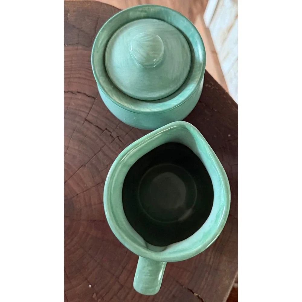 Vintage Pfaltzgraff Sage Green Creamer and Sugar Bowl Set Stoneware 5 Inch